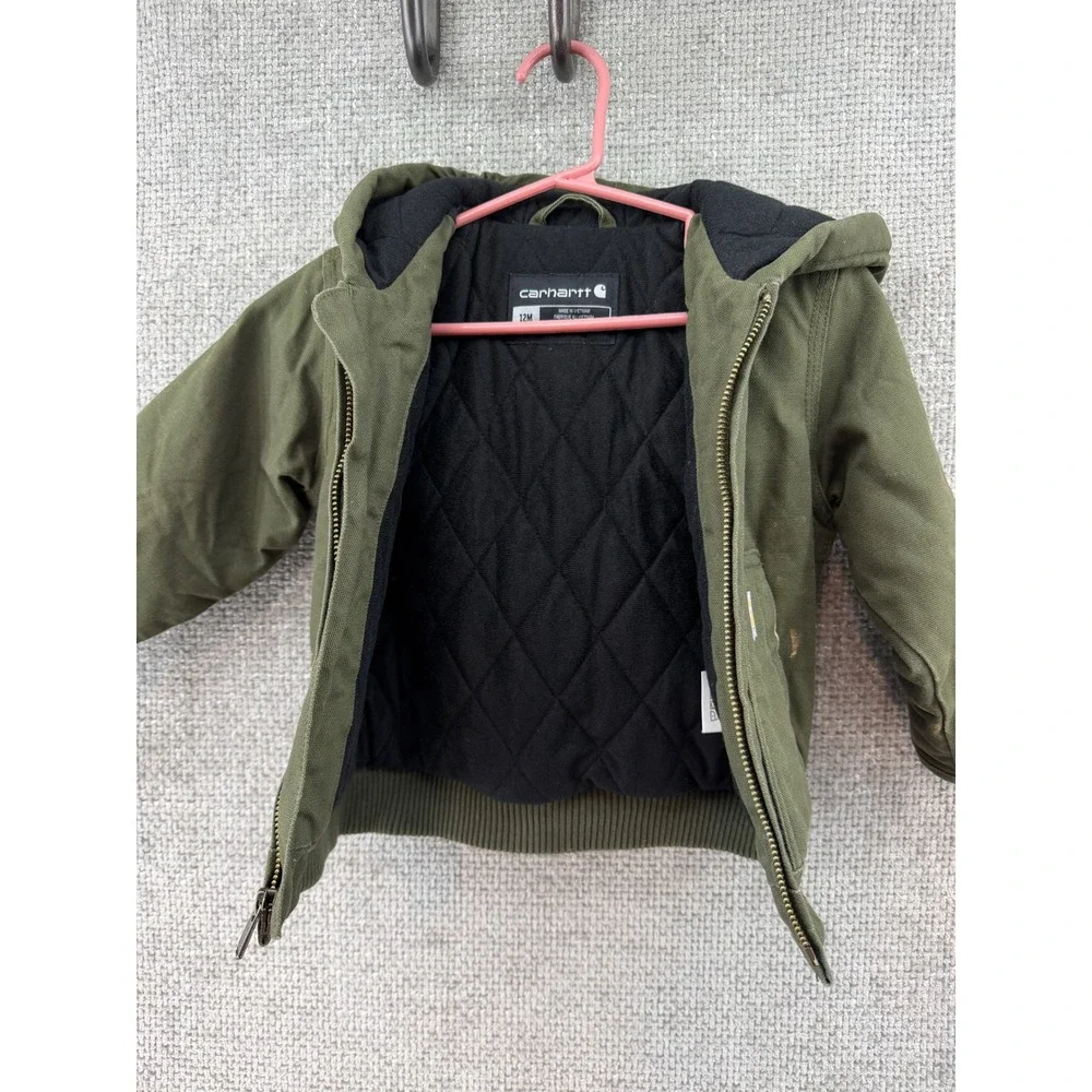 Carhartt‎ Hooded Canvas Jacket Kids 12M Olive Green Quilted Lining